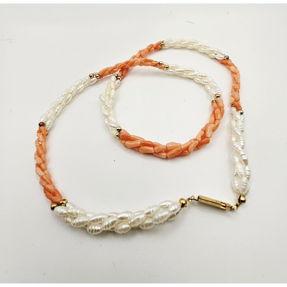 3 Strand Twisted White Rice Pearls/ Coral‎ Necklace With Gold Colored Beads 24"